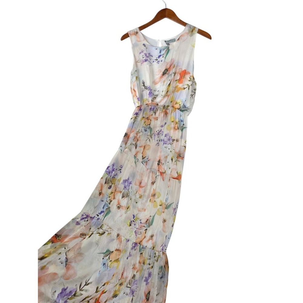 Lara G Silk Blend Maxi Dress Womens M Ivory Floral Tiered Italian Summer Boho